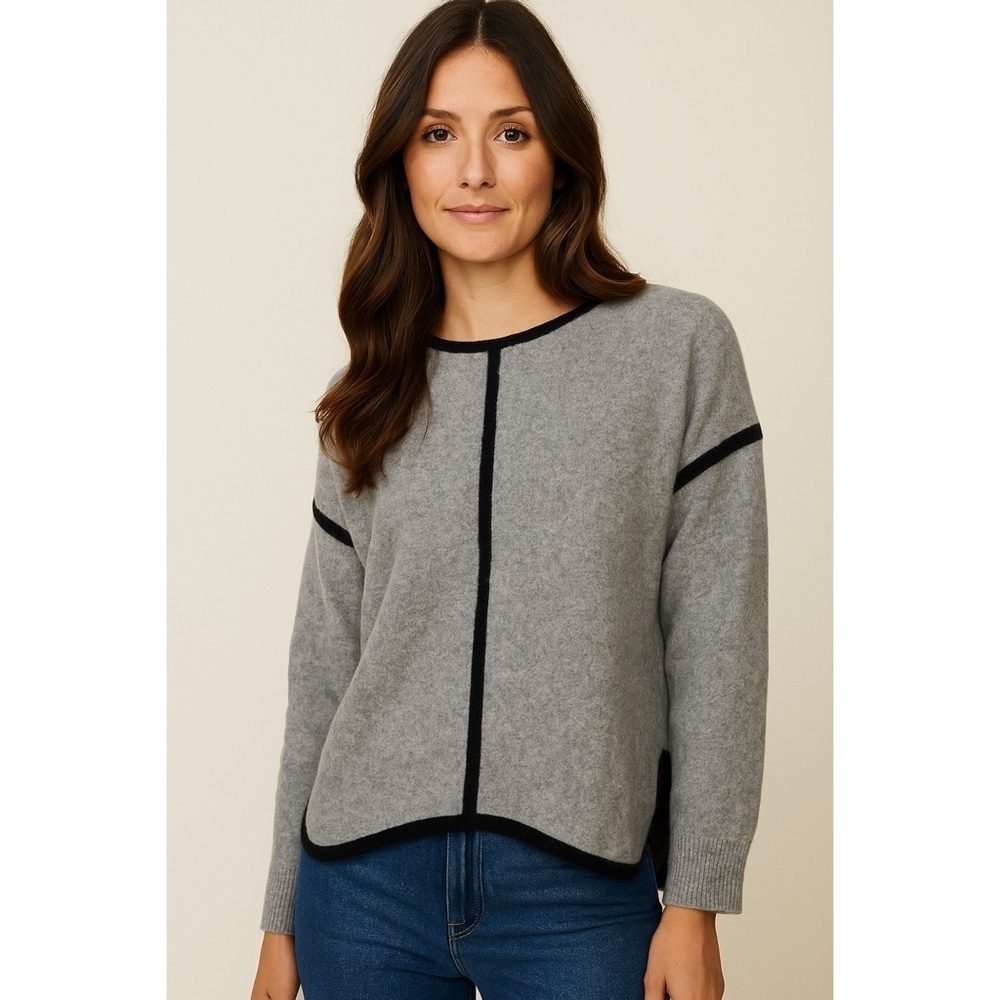 J. Crew Wool Tipped Tunic Black Trim Preppy Academia Heather Gray Sweater Size S